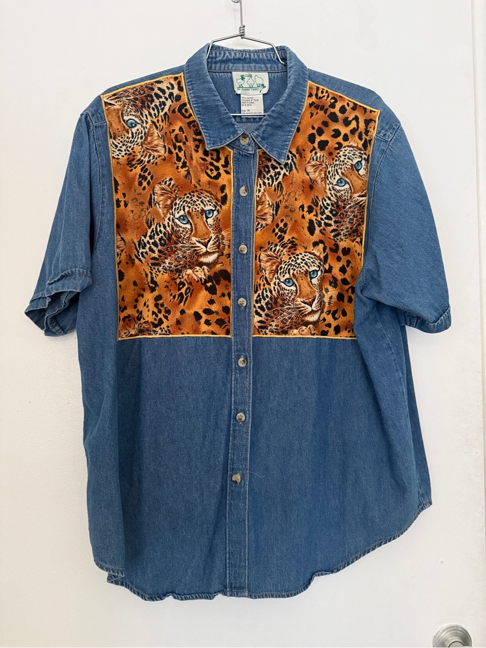 Quacker Factory Blue Denim Short-Sleeve Shirt with Orange Leopard Panel